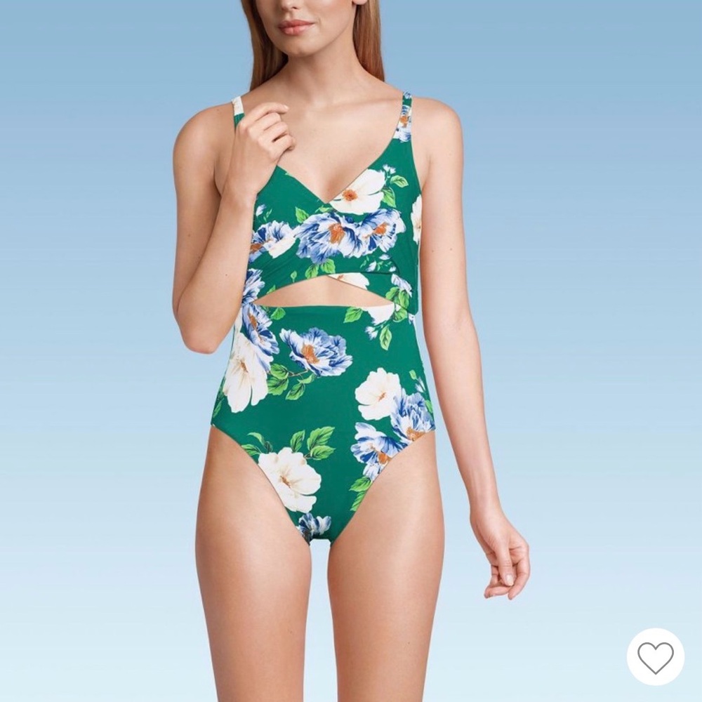 Lands' End Green Floral One-Piece Swimsuit with Cutout